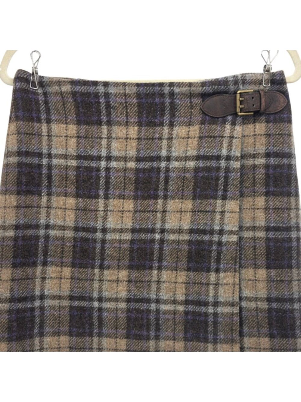Polo Ralph Lauren Womens 4 Skirt Wool Plaid Leather Buckle Mini Wrap Preppy - Picture 2 of 10
